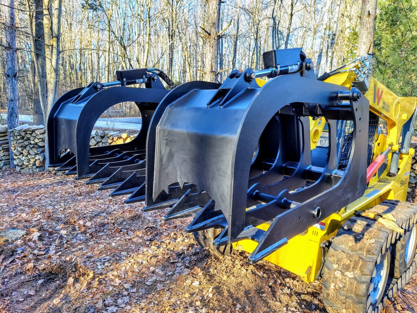 A close up of three large yellow and black machines