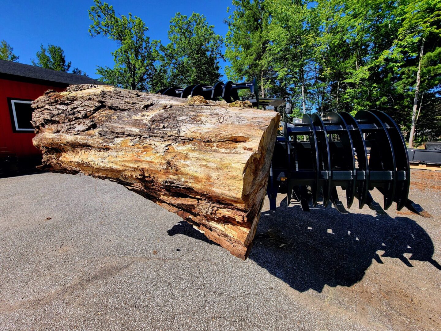 A large piece of wood is laying on the ground.