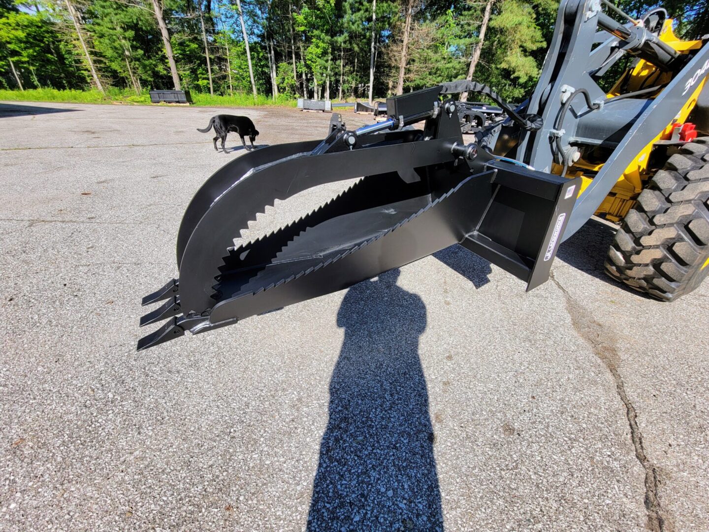 A black dog is standing in the background behind a large machine.